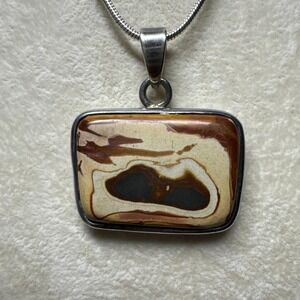 VTG 925 Sterling Thick Brown Cream Painted Stone Bezel Pendant Statement Boho